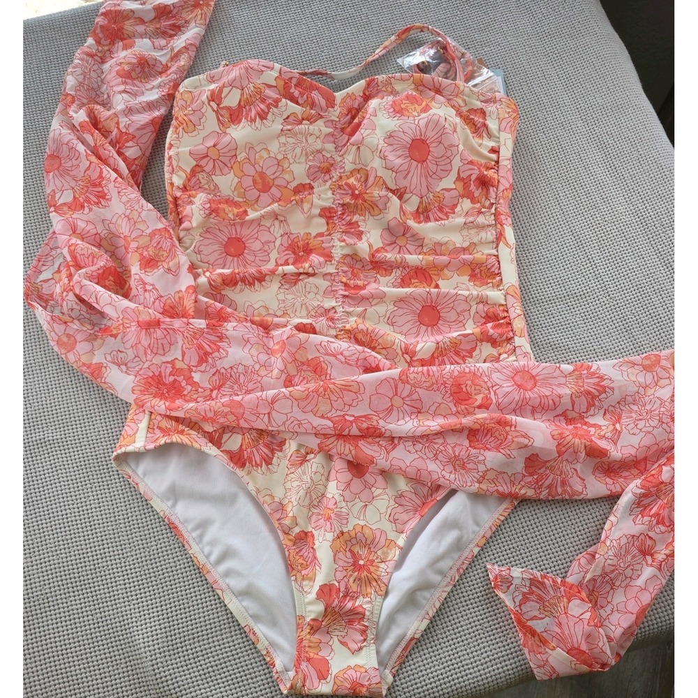 Shade & Shore Peachy Pink Bandeau Swimsuit Floral Size M & Matching Sarong (694)